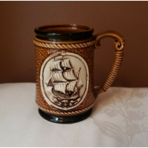 Vintage Deville Beer Mug Schooner Ship Nautical Raised Design Made in Japan - Picture 2 of 11